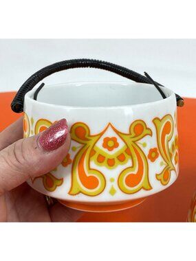 Pair of vintage 60s Japan ceramic rice bowls with handles, white, orange, green